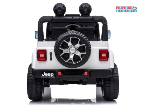 Biały Jeep Wrangler Rubicon na akumulator - 4x45W 12V/10Ah, EVA, ekoskóra, 5-punktowe pasy, LED, pilot [PA0223]