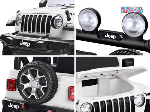 Biały Jeep Wrangler Rubicon na akumulator - 4x45W 12V/10Ah, EVA, ekoskóra, 5-punktowe pasy, LED, pilot [PA0223]