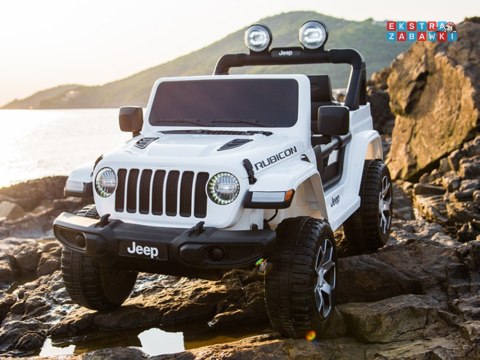 Biały Jeep Wrangler Rubicon na akumulator - 4x45W 12V/10Ah, EVA, ekoskóra, 5-punktowe pasy, LED, pilot [PA0223]