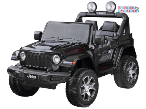 Czarny Jeep Wrangler Rubicon na akumulator - 4x45W 12V/10Ah, EVA, ekoskóra, 5-punktowe pasy, LED, pilot [PA0223]