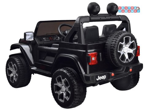 Czarny Jeep Wrangler Rubicon na akumulator - 4x45W 12V/10Ah, EVA, ekoskóra, 5-punktowe pasy, LED, pilot [PA0223]