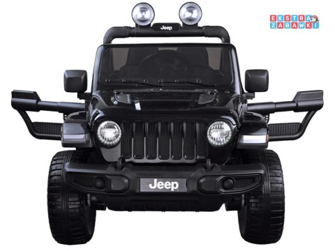 Czarny Jeep Wrangler Rubicon na akumulator - 4x45W 12V/10Ah, EVA, ekoskóra, 5-punktowe pasy, LED, pilot [PA0223]