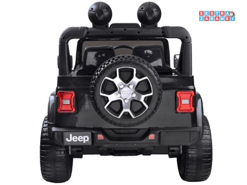Czarny Jeep Wrangler Rubicon na akumulator - 4x45W 12V/10Ah, EVA, ekoskóra, 5-punktowe pasy, LED, pilot [PA0223]