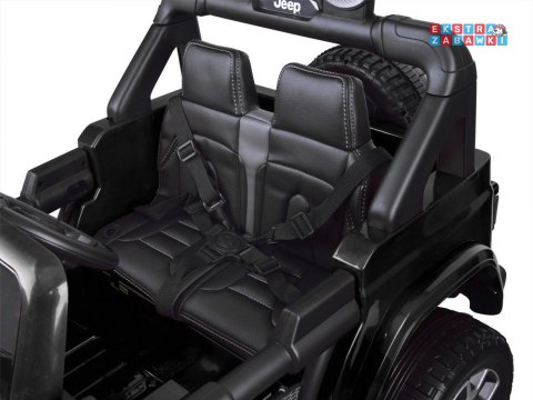 Czarny Jeep Wrangler Rubicon na akumulator - 4x45W 12V/10Ah, EVA, ekoskóra, 5-punktowe pasy, LED, pilot [PA0223]