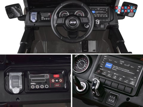 Czarny Jeep Wrangler Rubicon na akumulator - 4x45W 12V/10Ah, EVA, ekoskóra, 5-punktowe pasy, LED, pilot [PA0223]