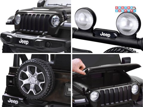 Czarny Jeep Wrangler Rubicon na akumulator - 4x45W 12V/10Ah, EVA, ekoskóra, 5-punktowe pasy, LED, pilot [PA0223]