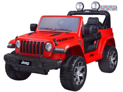 Czerwony Jeep Wrangler Rubicon na akumulator - 4x45W 12V/10Ah, EVA, ekoskóra, 5-punktowe pasy, LED, pilot [PA0223]