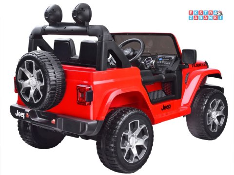 Czerwony Jeep Wrangler Rubicon na akumulator - 4x45W 12V/10Ah, EVA, ekoskóra, 5-punktowe pasy, LED, pilot [PA0223]