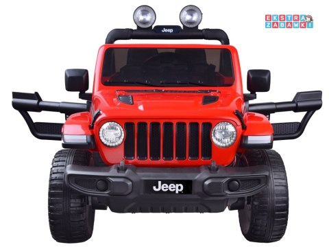 Czerwony Jeep Wrangler Rubicon na akumulator - 4x45W 12V/10Ah, EVA, ekoskóra, 5-punktowe pasy, LED, pilot [PA0223]