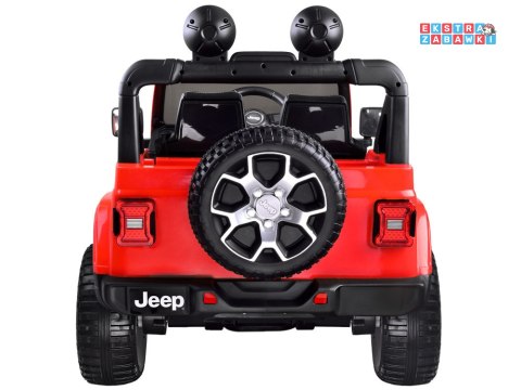 Czerwony Jeep Wrangler Rubicon na akumulator - 4x45W 12V/10Ah, EVA, ekoskóra, 5-punktowe pasy, LED, pilot [PA0223]