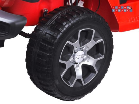 Czerwony Jeep Wrangler Rubicon na akumulator - 4x45W 12V/10Ah, EVA, ekoskóra, 5-punktowe pasy, LED, pilot [PA0223]