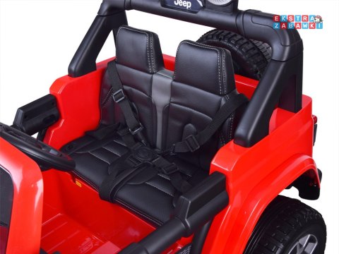 Czerwony Jeep Wrangler Rubicon na akumulator - 4x45W 12V/10Ah, EVA, ekoskóra, 5-punktowe pasy, LED, pilot [PA0223]