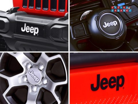 Czerwony Jeep Wrangler Rubicon na akumulator - 4x45W 12V/10Ah, EVA, ekoskóra, 5-punktowe pasy, LED, pilot [PA0223]
