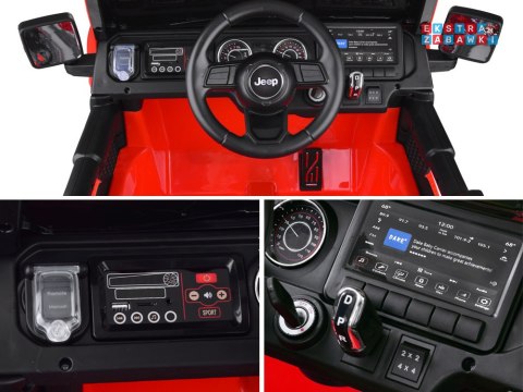 Czerwony Jeep Wrangler Rubicon na akumulator - 4x45W 12V/10Ah, EVA, ekoskóra, 5-punktowe pasy, LED, pilot [PA0223]