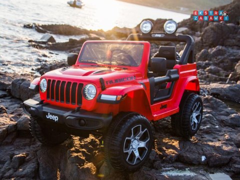 Czerwony Jeep Wrangler Rubicon na akumulator - 4x45W 12V/10Ah, EVA, ekoskóra, 5-punktowe pasy, LED, pilot [PA0223]