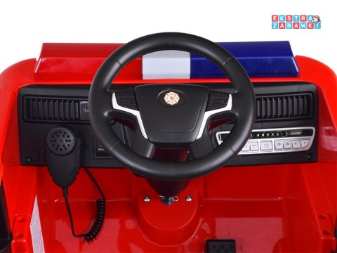 Wóz strażacki straż pożarna na akumulator - 2x25W 12V/4.5Ah, koguty, sygnał, radio, EVA, ekoskóra, pasy [PA0313]