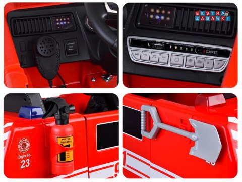 Wóz strażacki straż pożarna na akumulator - 2x25W 12V/4.5Ah, koguty, sygnał, radio, EVA, ekoskóra, pasy [PA0313]