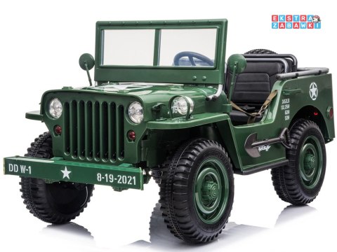Wojskowe auto Willys trzyosobowe na akumulator - zielony, 4x45W 12V/14Ah, panel muzyczny, EVA, pilot [PA0249]