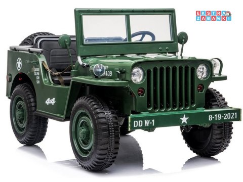 Wojskowe auto Willys trzyosobowe na akumulator - zielony, 4x45W 12V/14Ah, panel muzyczny, EVA, pilot [PA0249]