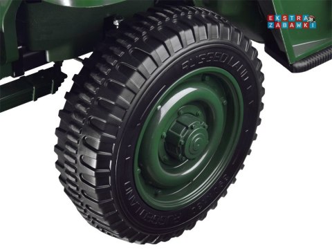 Wojskowe auto Willys trzyosobowe na akumulator - zielony, 4x45W 12V/14Ah, panel muzyczny, EVA, pilot [PA0249]