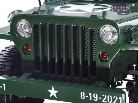 Wojskowe auto Willys trzyosobowe na akumulator - zielony, 4x45W 12V/14Ah, panel muzyczny, EVA, pilot [PA0249]