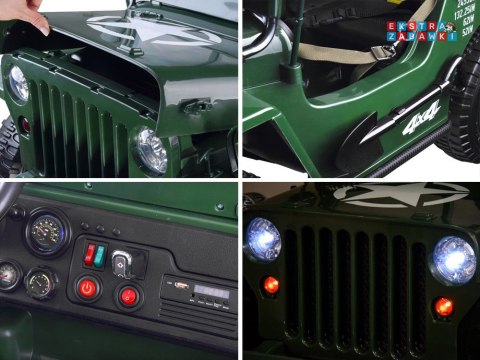 Wojskowe auto Willys trzyosobowe na akumulator - zielony, 4x45W 12V/14Ah, panel muzyczny, EVA, pilot [PA0249]