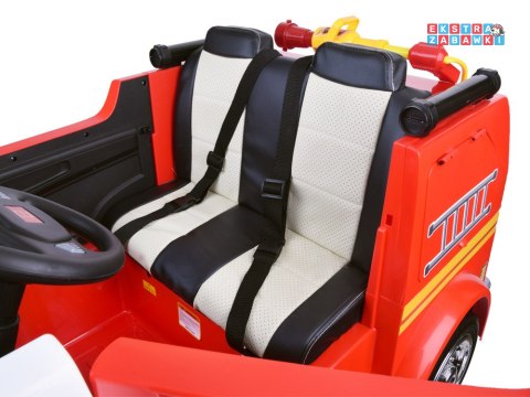 Straż pożarna dwuosobowa na akumulator - 12V/10Ah, LED, fotel z ekoskóry z regulacją, panel audio, pilot [PA0197]
