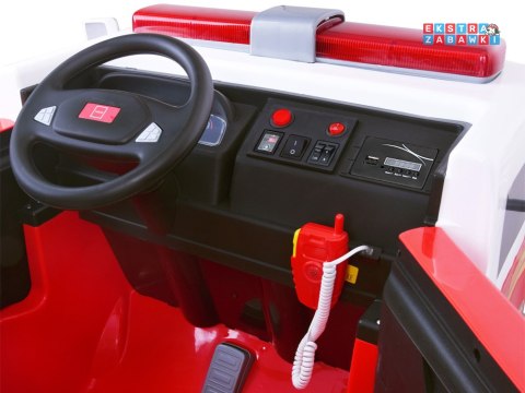Straż pożarna dwuosobowa na akumulator - 12V/10Ah, LED, fotel z ekoskóry z regulacją, panel audio, pilot [PA0197]