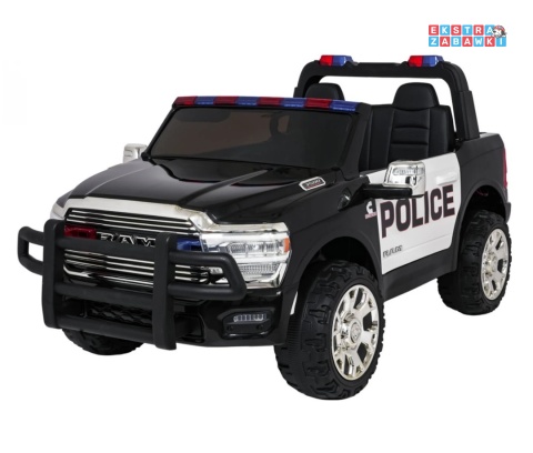 Czarne auto policyjny RAM 3500 na akumulator - 2x200W, 24V/7Ah, EVA, ekoskóra, policja - [JJ2599P]