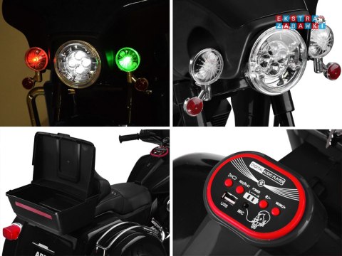 Motorek Chopper trójkołowy na akumulator - czarny, 2x45W 12V/4.5Ah, kluczyki, EVA, panel muzyczny [PA0254]