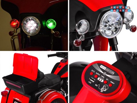 Motorek Chopper trójkołowy na akumulator - czerwony, 2x45W 12V/4.5Ah, kluczyki, EVA, panel muzyczny [PA0254]