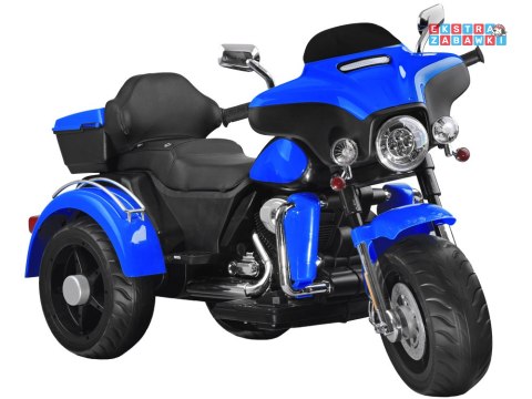 Motorek Chopper trójkołowy na akumulator - niebieski, 2x45W 12V/4.5Ah, kluczyki, EVA, panel muzyczny [PA0254]