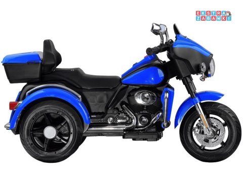 Motorek Chopper trójkołowy na akumulator - niebieski, 2x45W 12V/4.5Ah, kluczyki, EVA, panel muzyczny [PA0254]