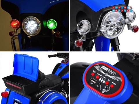 Motorek Chopper trójkołowy na akumulator - niebieski, 2x45W 12V/4.5Ah, kluczyki, EVA, panel muzyczny [PA0254]