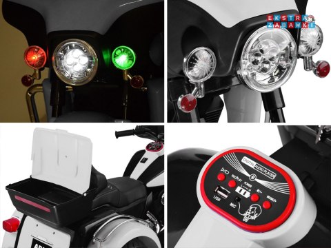 Motorek Chopper trójkołowy na akumulator - biały, 2x45W 12V/4.5Ah, kluczyki, EVA, panel muzyczny [PA0254]