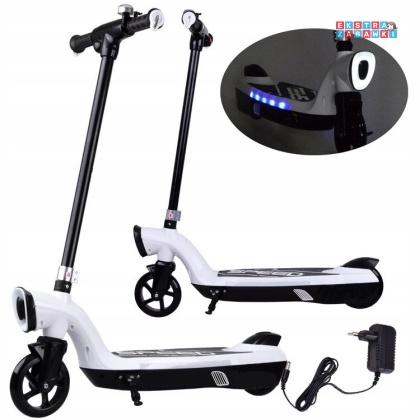 Biała hulajnoga elektryczna dla dzieci - 1x45W 12V/7Ah, do 11km/h, do 50kg, oświetlenie LED [SP0737]