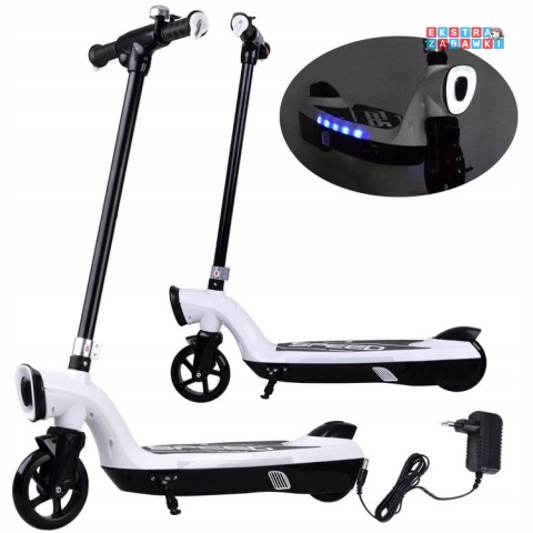 Biała hulajnoga elektryczna dla dzieci - 1x45W 12V/7Ah, do 11km/h, do 50kg, oświetlenie LED [SP0737]