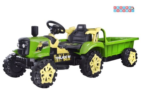 Zielony mały traktor z przyczepą na akumulator - 2x2 6V/7Ah, koła z pgumową opaską, przyczepa z możliwością kiprowania [PA0234]