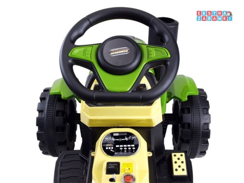 Zielony mały traktor z przyczepą na akumulator - 2x2 6V/7Ah, koła z pgumową opaską, przyczepa z możliwością kiprowania [PA0234]