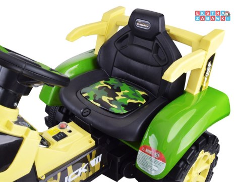Zielony mały traktor z przyczepą na akumulator - 2x2 6V/7Ah, koła z pgumową opaską, przyczepa z możliwością kiprowania [PA0234]