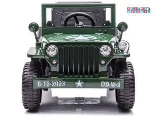 Wojskowe auto Willys na akumulator - zielony, 4x25W 12V/7Ah, EVA, panel muzyczny, pilot [PA0263]