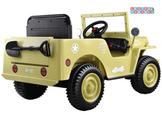 Wojskowe auto Willys na akumulator - beżowy, 4x25W 12V/7Ah, EVA, panel muzyczny, pilot [PA0263]