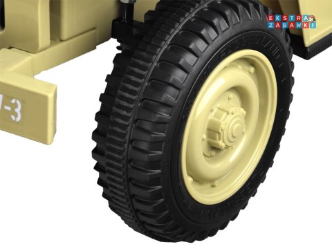 Wojskowe auto Willys na akumulator - beżowy, 4x25W 12V/7Ah, EVA, panel muzyczny, pilot [PA0263]