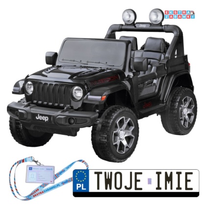Czarny Jeep Wrangler Rubicon na akumulator - 4x45W 12V/10Ah, EVA, ekoskóra, 5-punktowe pasy, LED, pilot [PA0223]