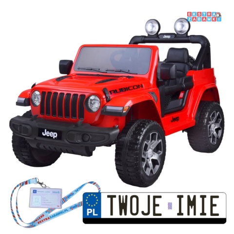 Czerwony Jeep Wrangler Rubicon na akumulator - 4x45W 12V/10Ah, EVA, ekoskóra, 5-punktowe pasy, LED, pilot [PA0223]