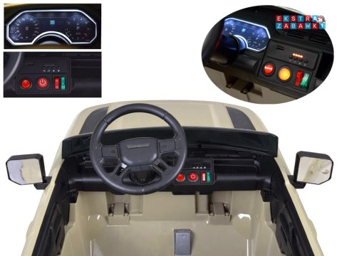 Land Rover Defender na akumulator - beżowy, 4x4 24V/7Ah, panel muzyczny, pasy, wolny start, pilot [PA0343]