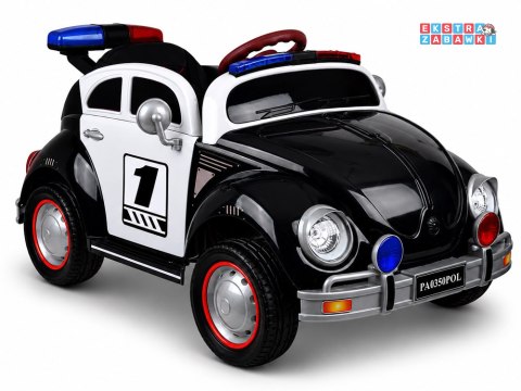Policja radiowóz garbus na akumulator - czarny, 4x45W 12V/12Ah, pilot, EVA, panel muzyczny, efekty LED, bujanie [PA0350]