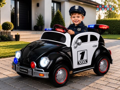Policja radiowóz garbus na akumulator - czarny, 4x45W 12V/12Ah, pilot, EVA, panel muzyczny, efekty LED, bujanie [PA0350]