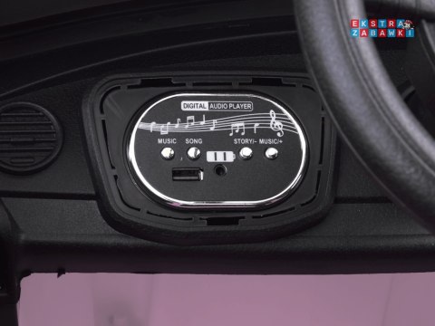 Retro garbus na akumulator - różowy, 4x25W 12V/12Ah, pilot, EVA, panel muzyczny, efekty LED, bujanie [PA0349]