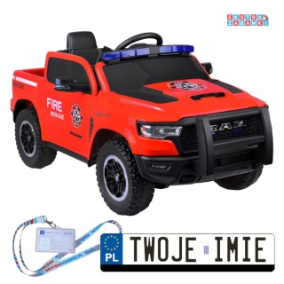 RAM pickup straż pożarna na akumulator - czerwony, 4x25W 12V/10Ah, EVA, panel muzyczny, ekoskóra, koguty [PA0323]